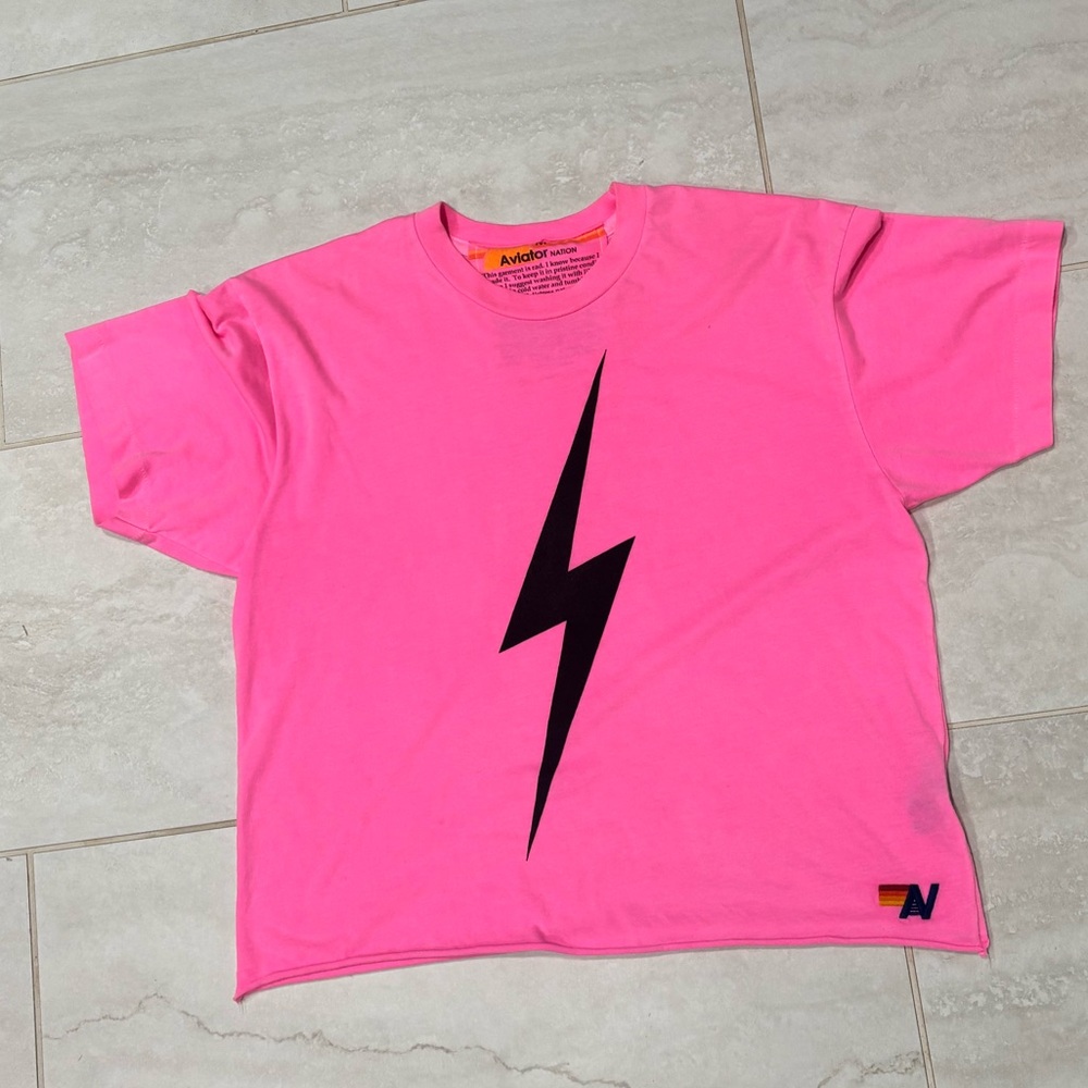 Aviator Nation Neon Pink Tee with Black Lightning Bolt